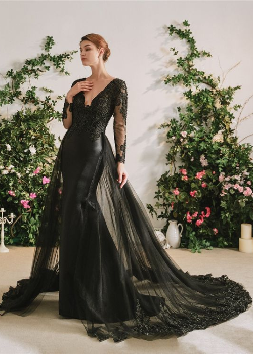 Gothic Black Wedding Dress with Sheer Sleeves